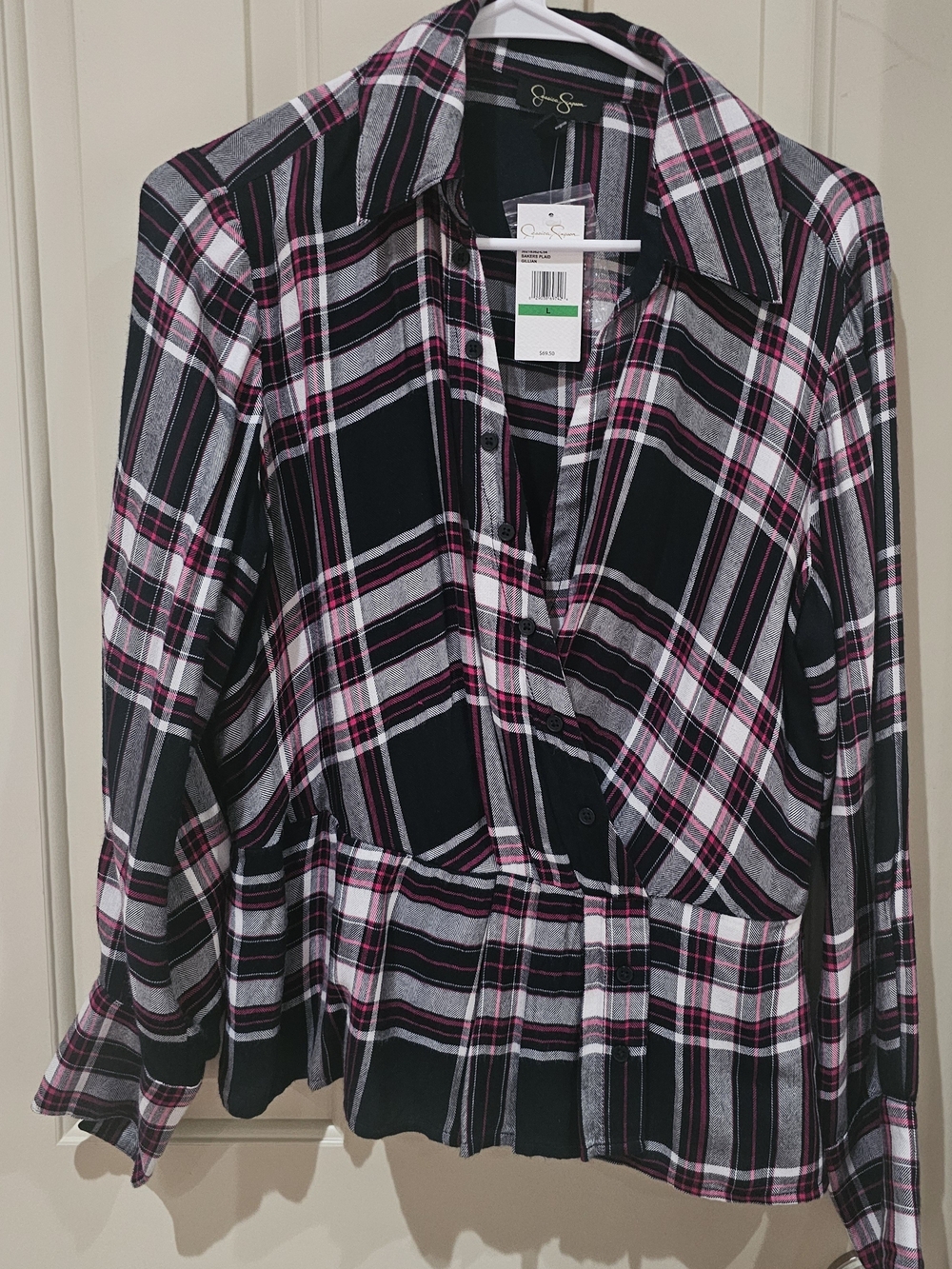 Jessica Simpson Black, White & Pink Plaid Top Women Size Large